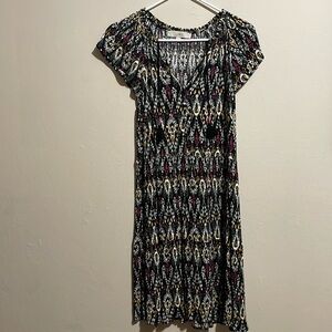 Loft beach dress. Black, pink, gray, and yellow ikat print. Size small.